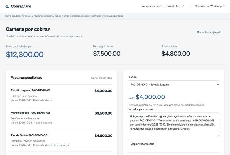 Interfaz de CobraClaro con datos ficticios