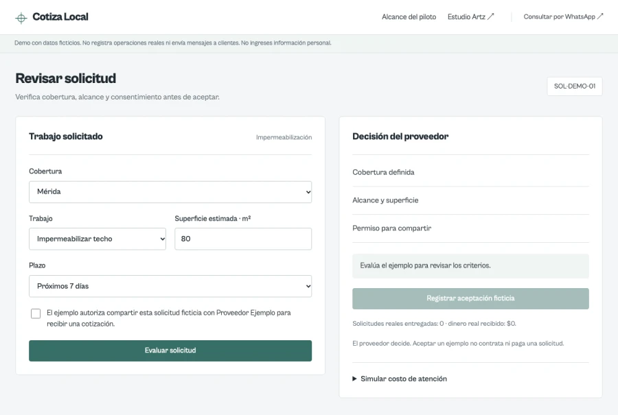 Interfaz de Cotiza Local con datos ficticios