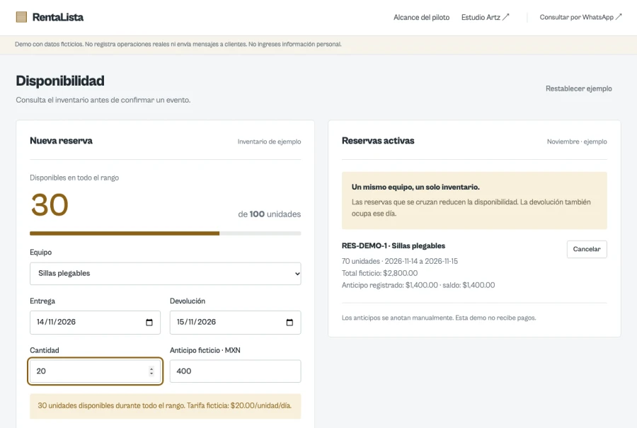 Interfaz de RentaLista con datos ficticios